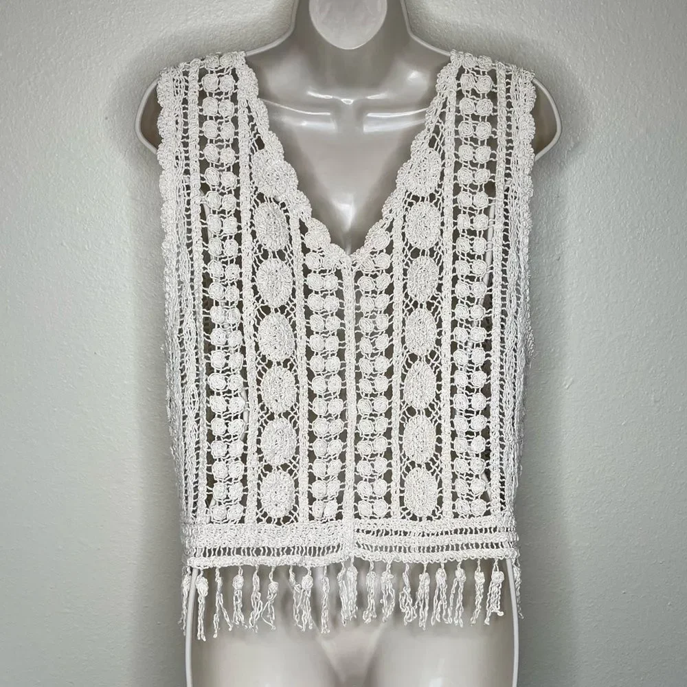 Rebellion Crochet Lace Fringe Button Front Cream Boho Vest Cotton Women Small